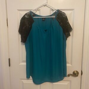 Torrid teal and black lace blouse